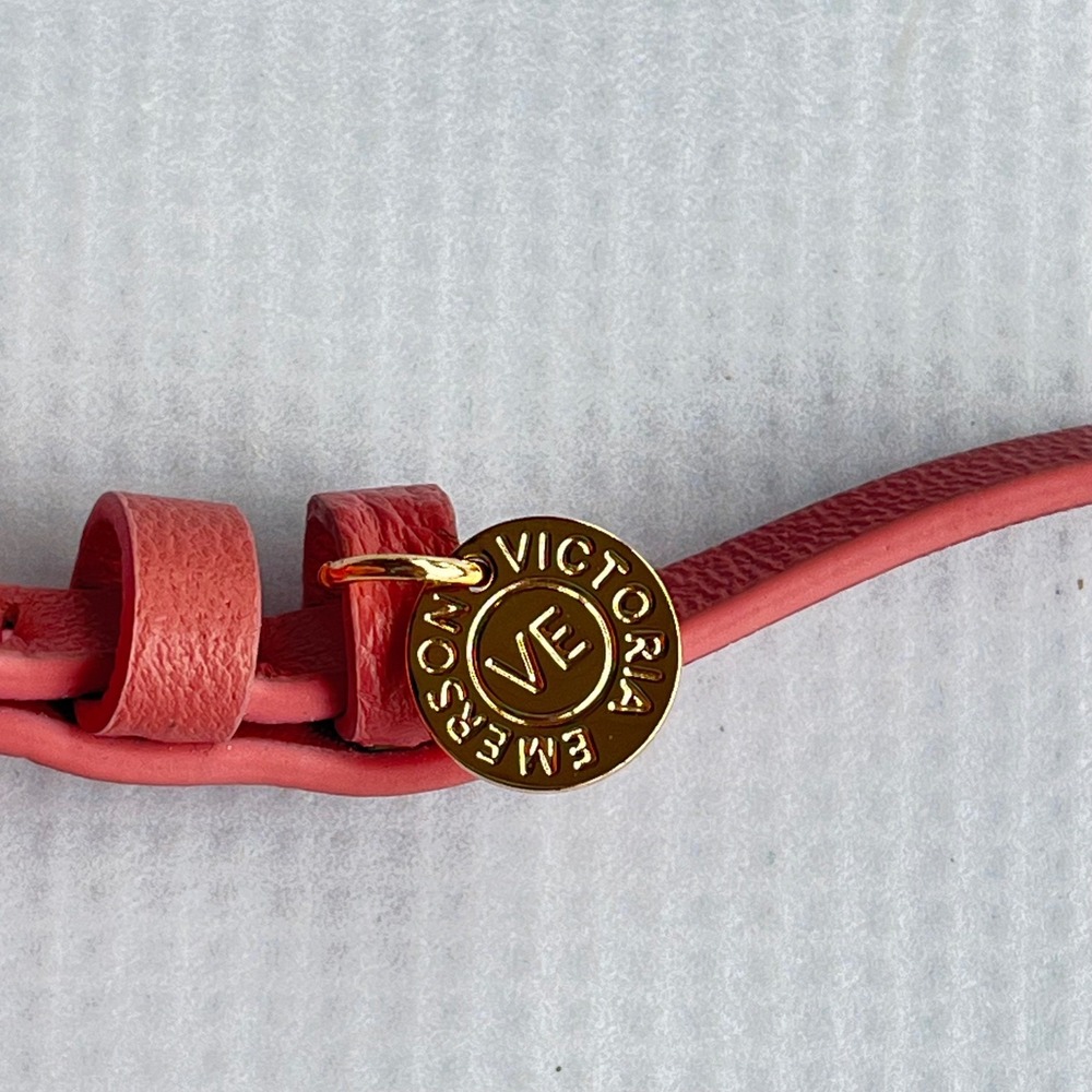 Victoria Emerson Coral Pink Leather Double Wrap Bracelet Gold Buckle Logo Charm